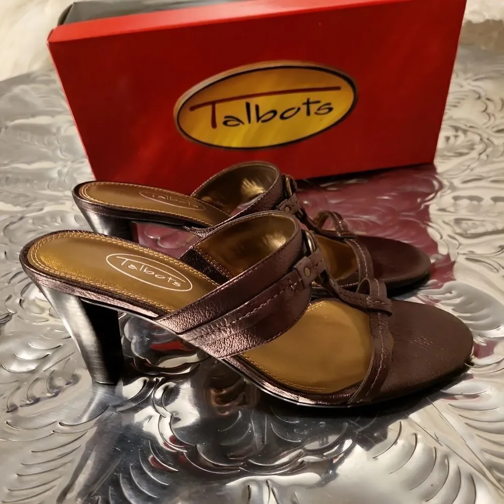 TalbotbronzeT-strap w/Brass accent heel sandal..deep bronze sz. 6